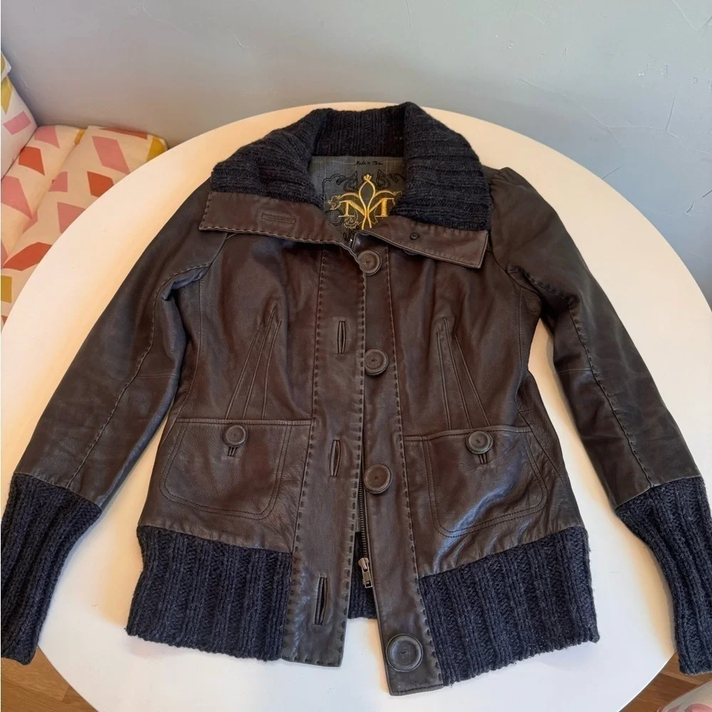 Mackage brown leather jacket size M with big buttons and zipper and knit accents
